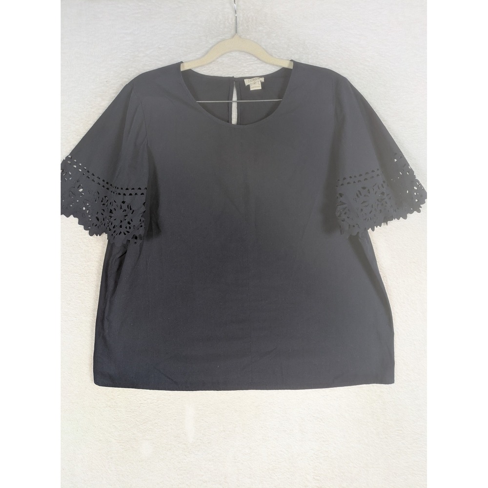 J.Crew Eyelet Sleeve Blouse Women's Medium Navy Blue Laser Cut Keyhole Back